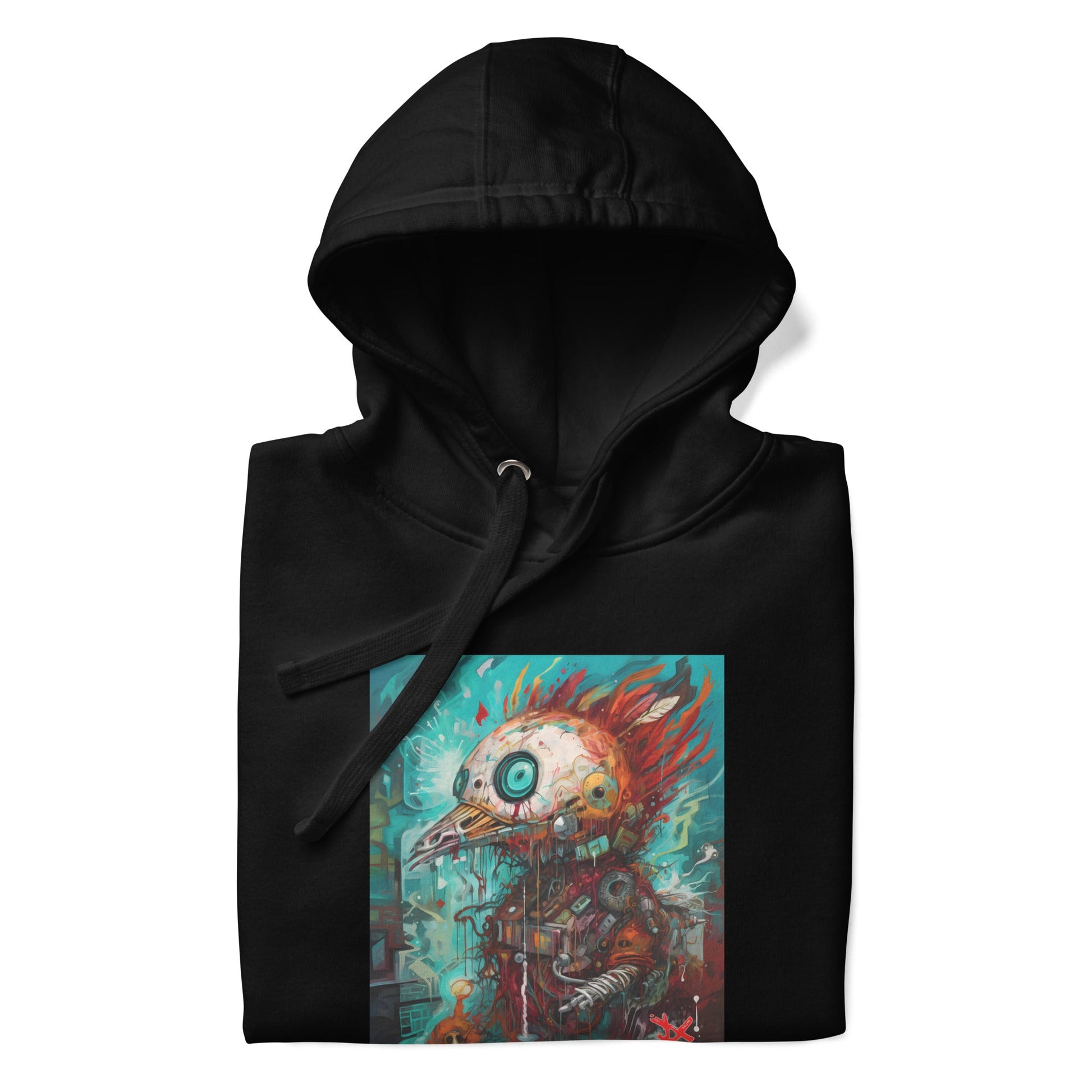 REBELLIOUS ROBO-BIRD Hoodie in Black - Rarileto - Folded View