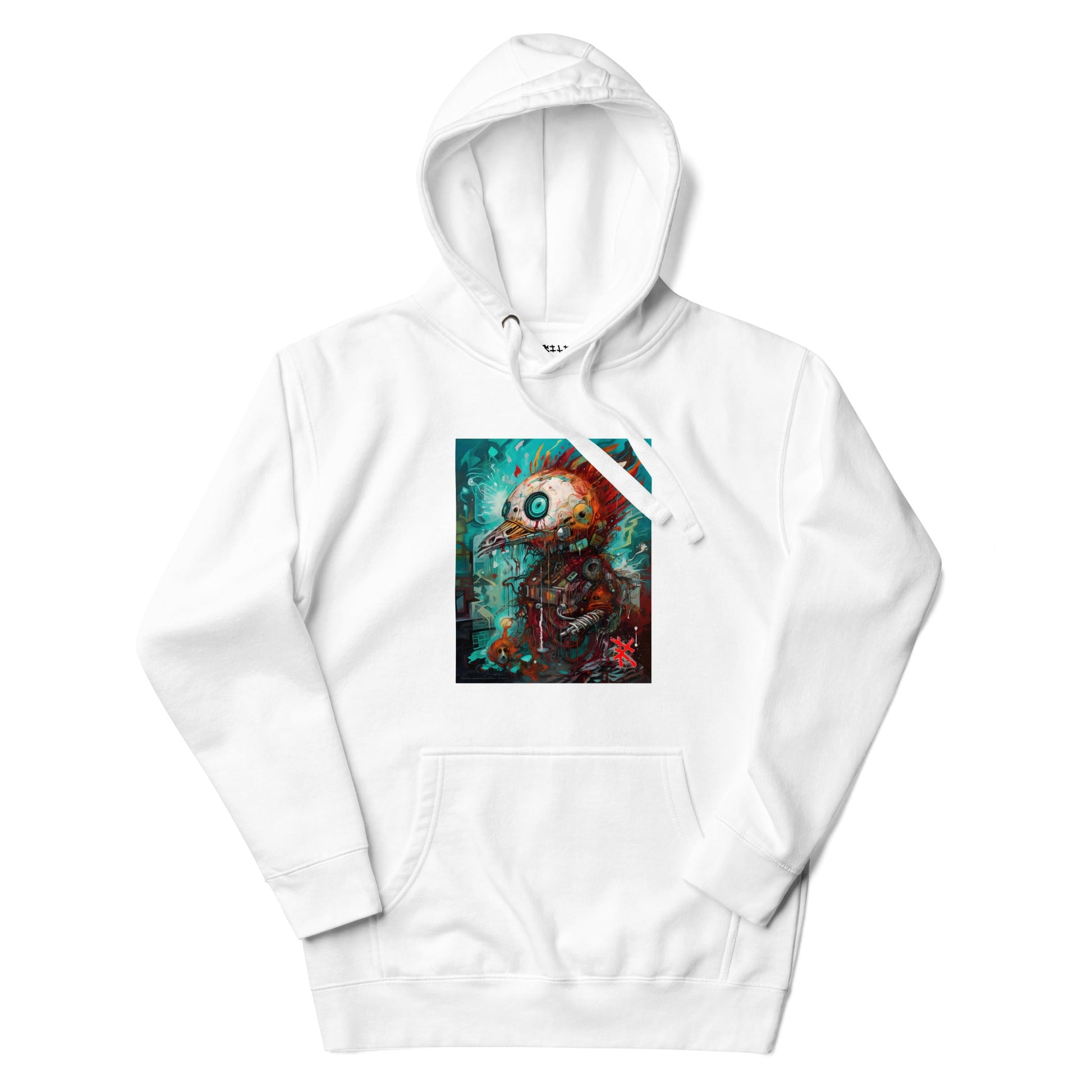 REBELLIOUS ROBO-BIRD Hoodie in White - Rarileto - Front View