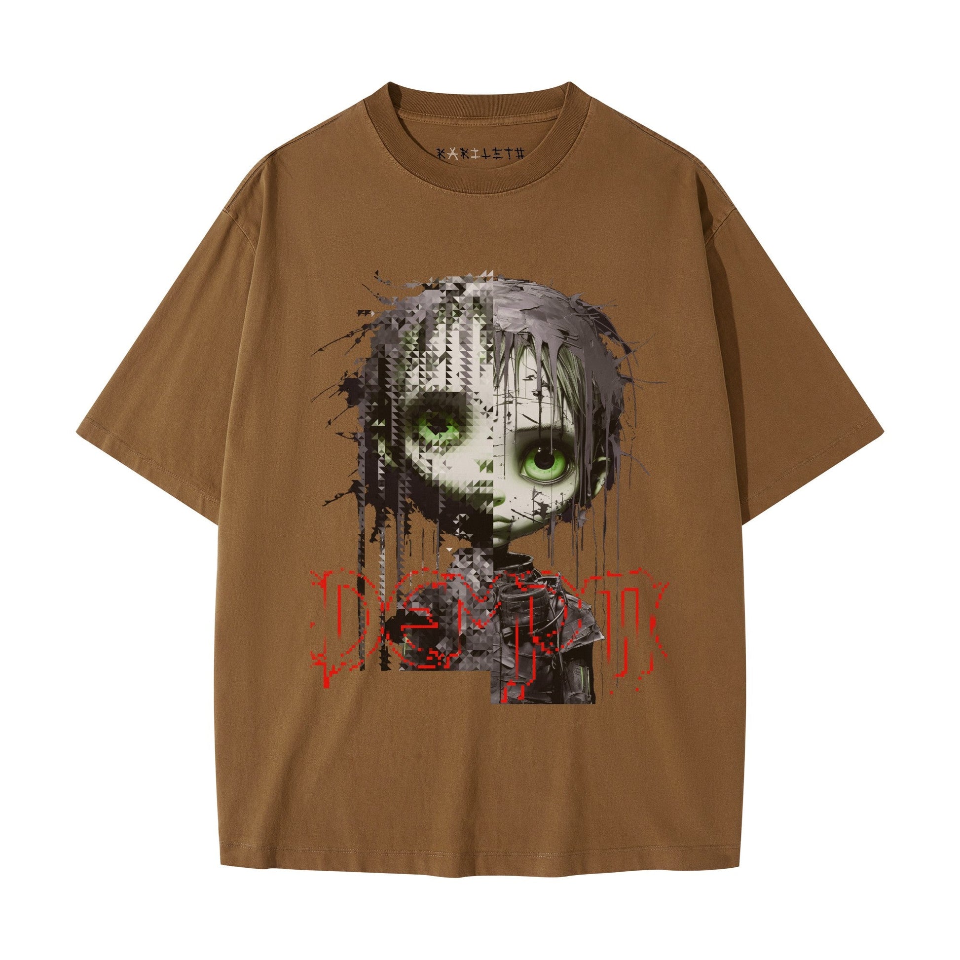 REDEMPTION Unisex Oversized Washed Crew Neck T-shirt - Rarileto - Brown - Front View