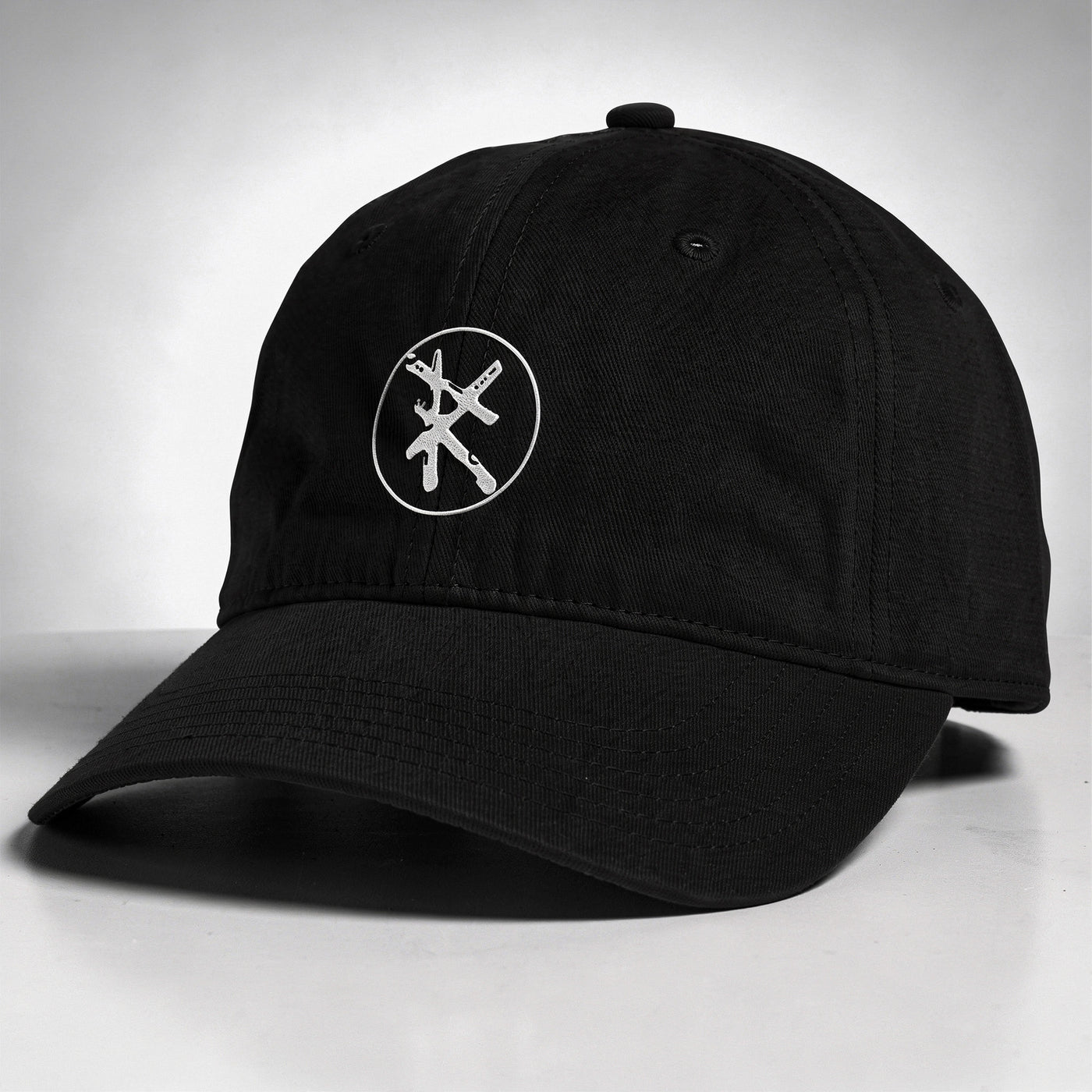 Black cap side view RARILETO Emblem Cap — Unstructured Strapback