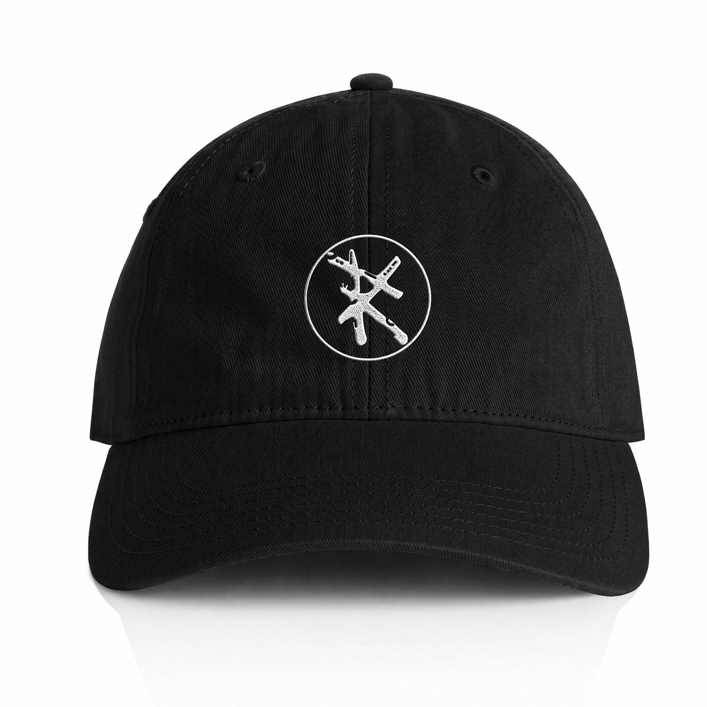 Black cap front view RARILETO Emblem Cap — Unstructured Strapback