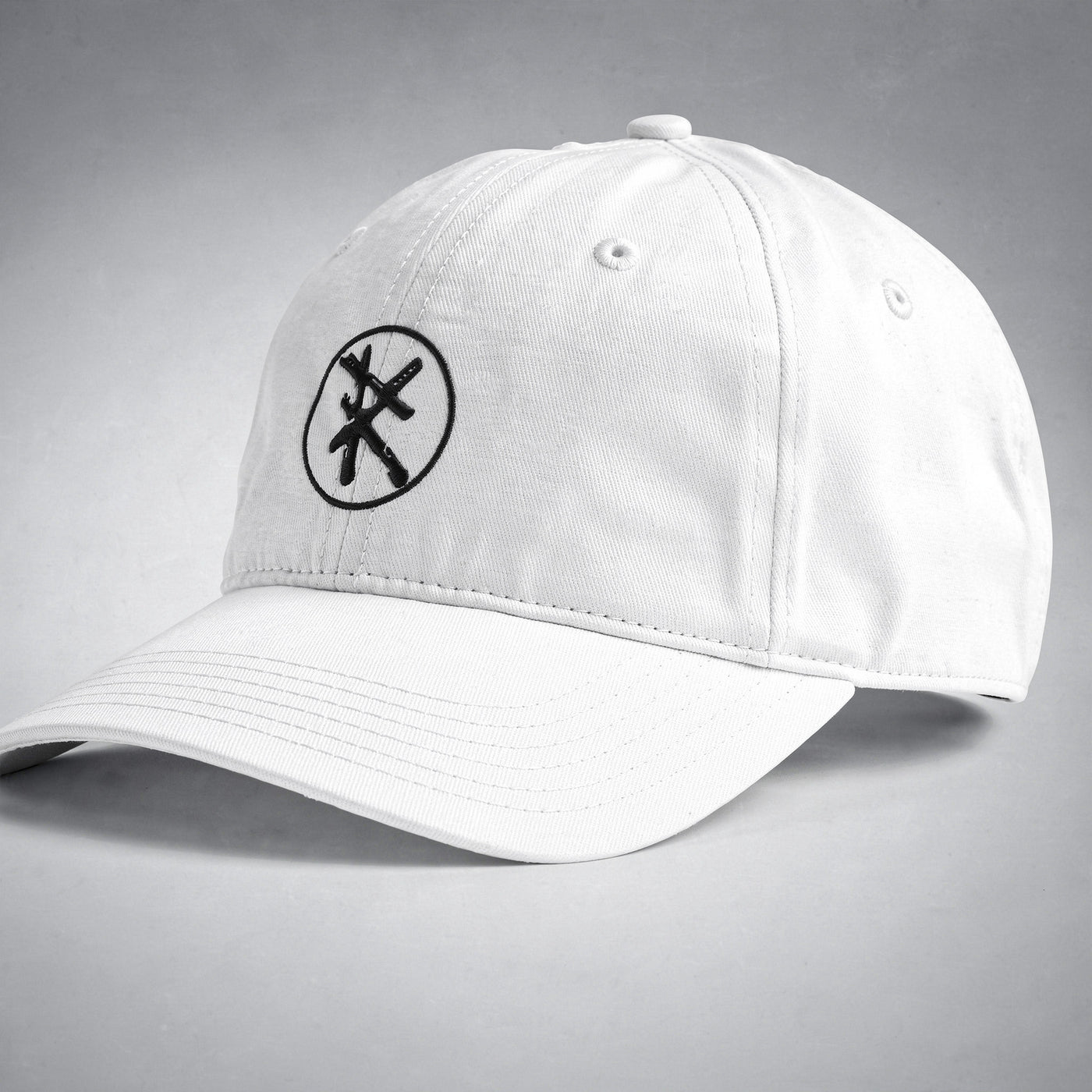 White cap side view RARILETO Emblem Cap — Unstructured Strapback
