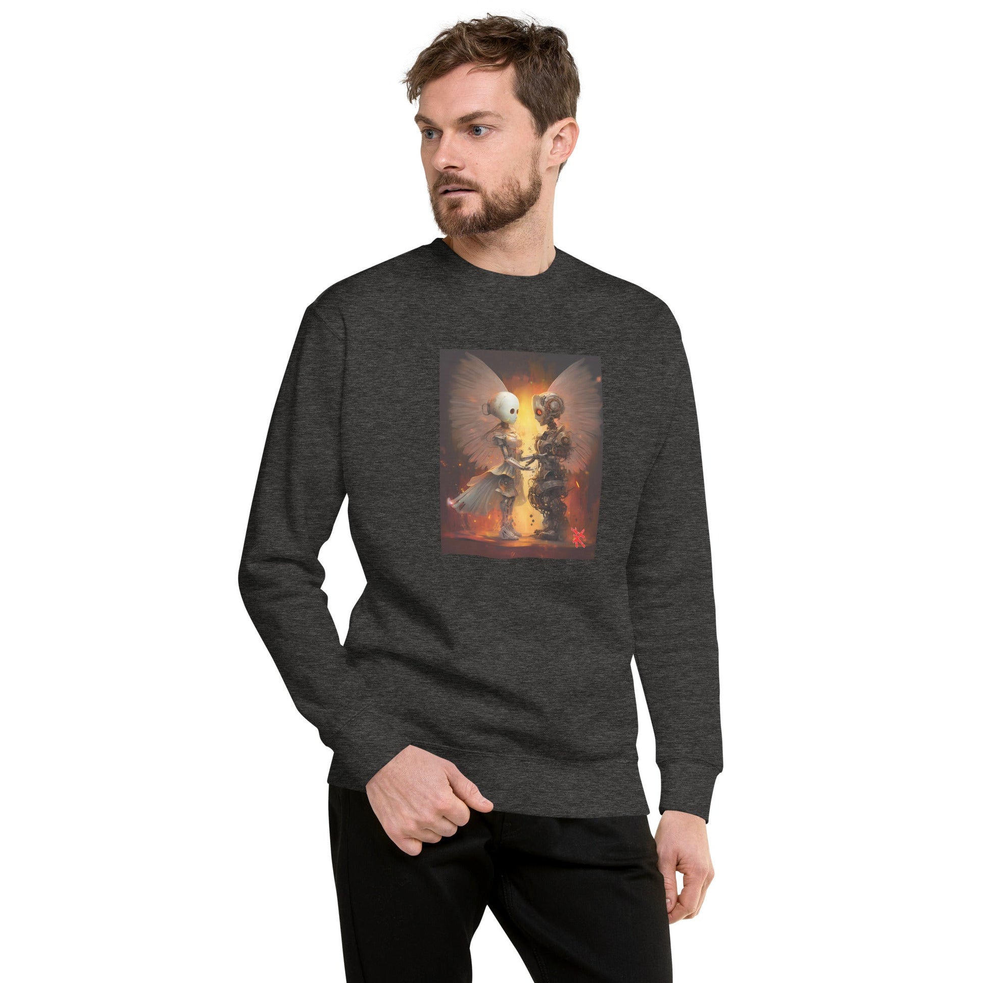 Male Model Front: ROBOT ANGEL Sweatshirt in Charcoal Heather on Male Model