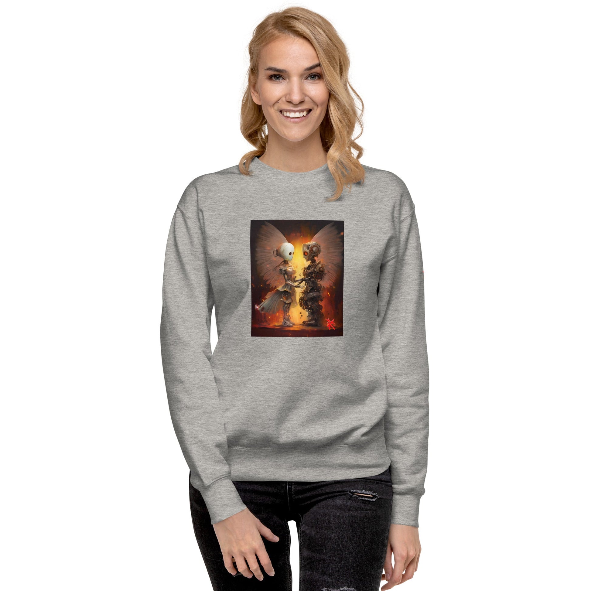 Female Model Front: ROBOT ANGEL Sweatshirt in Gray on Female Model