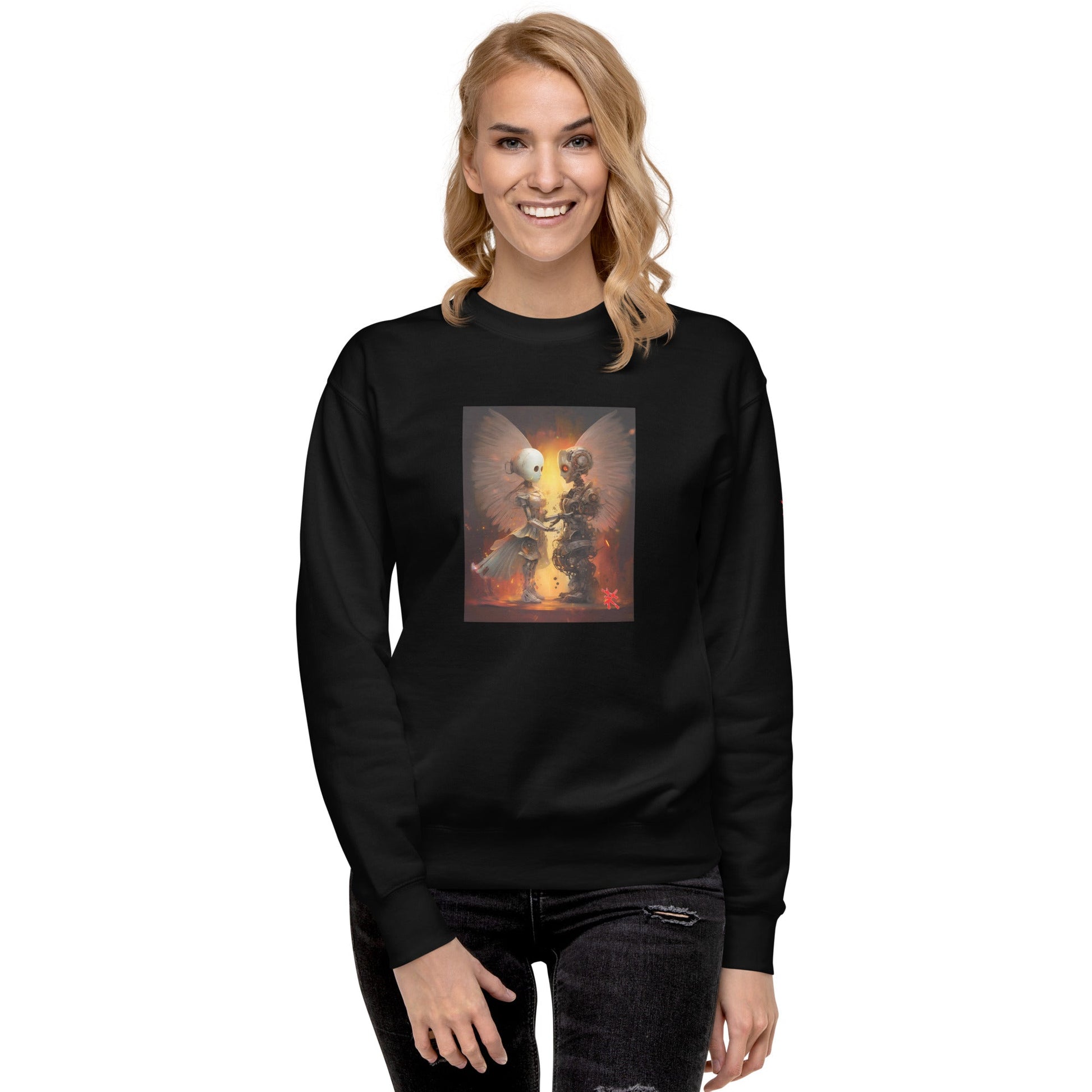 Female Model Front: ROBOT ANGEL Sweatshirt in Black on Female Model