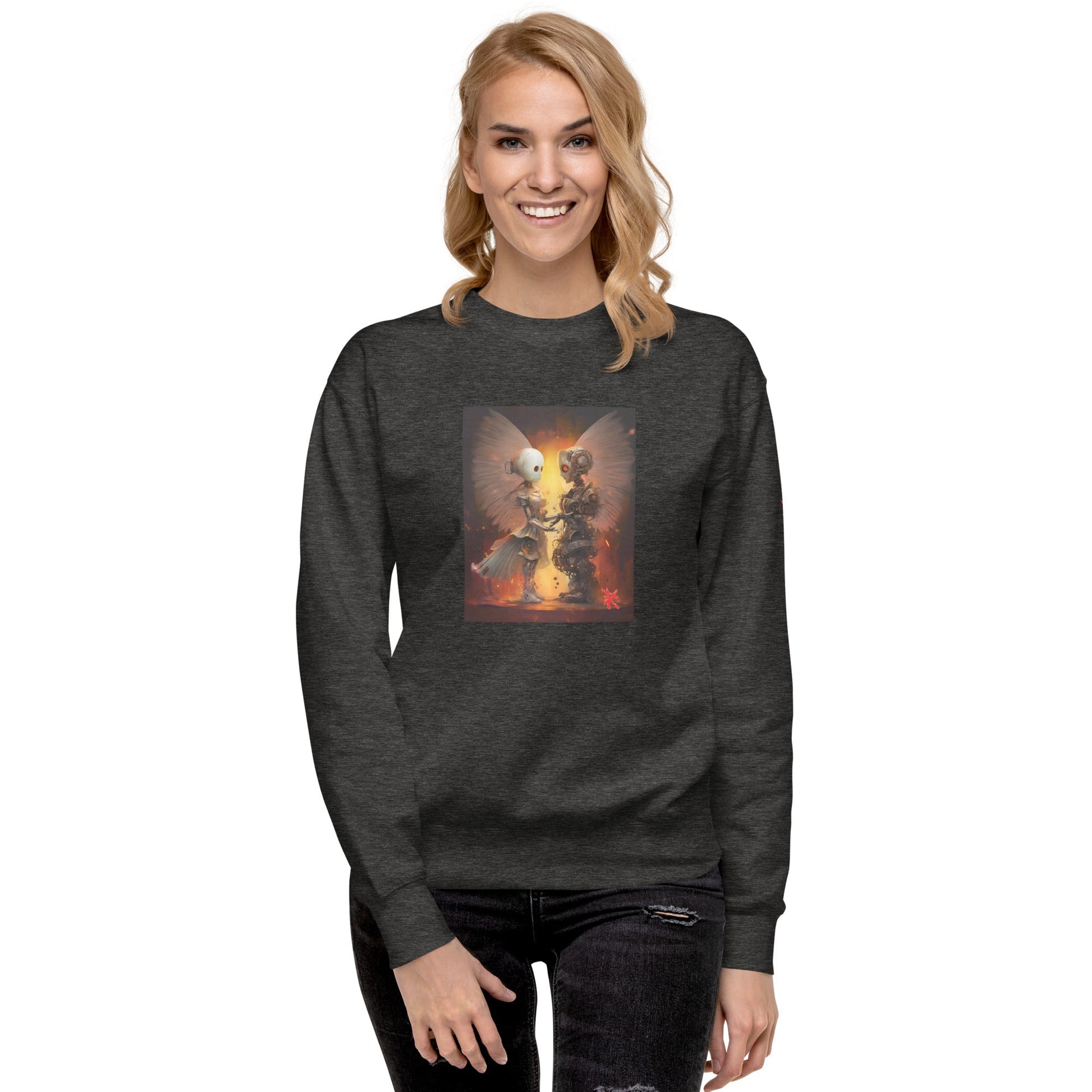 Female Model Front: ROBOT ANGEL Sweatshirt in Charcoal Heather on Female Model