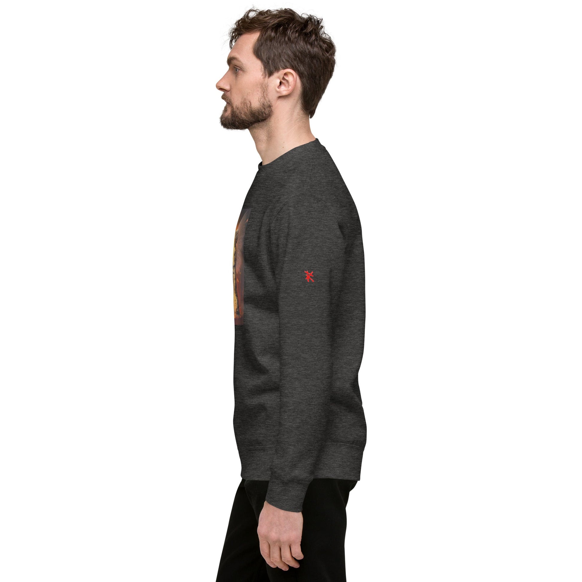 Male Model Side View: ROBOT ANGEL Sweatshirt in Charcoal Heather on Male Model