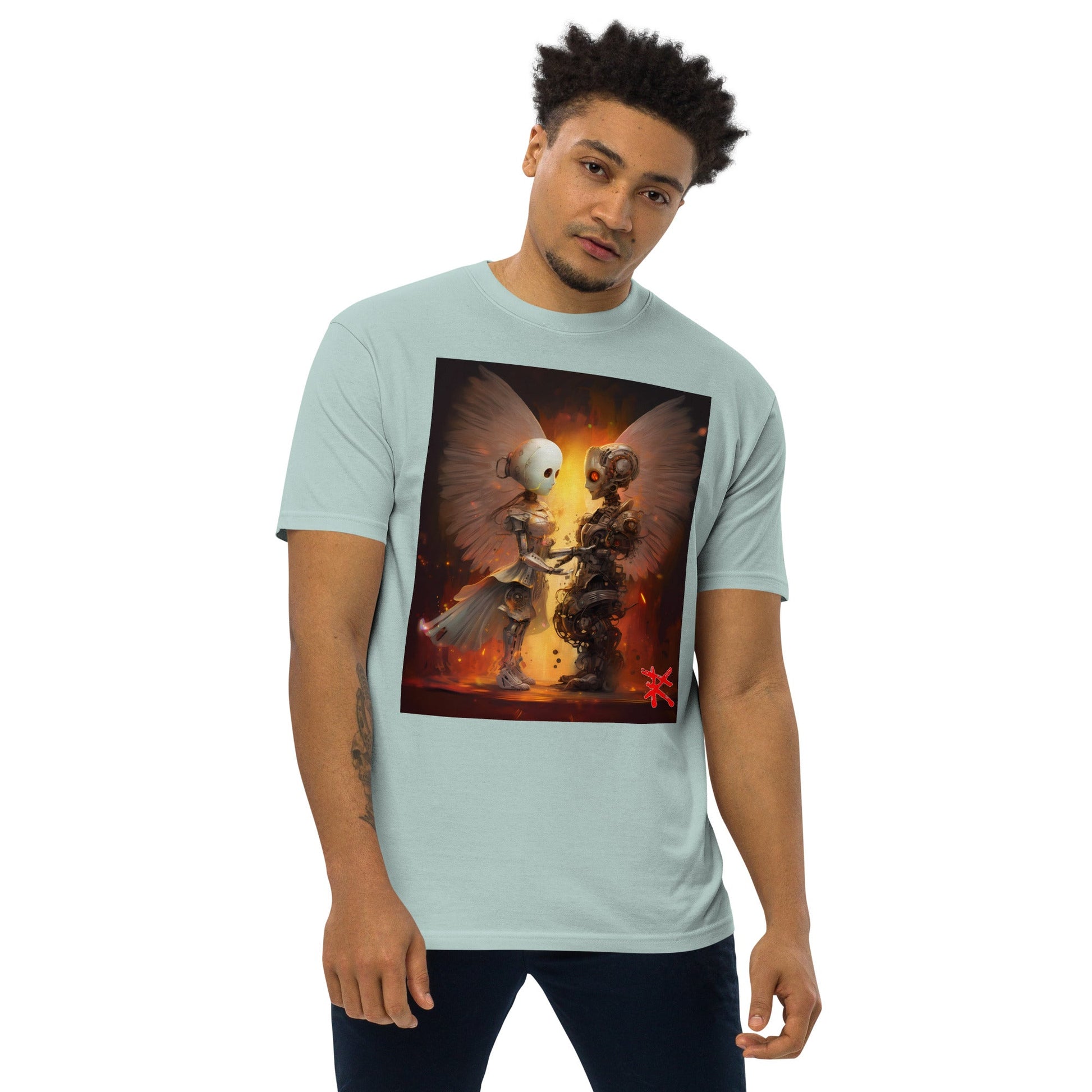 ROBOT ANGELS Premium Heavyweight T-Shirt - Color Agave - Front View on Model - Rarileto
