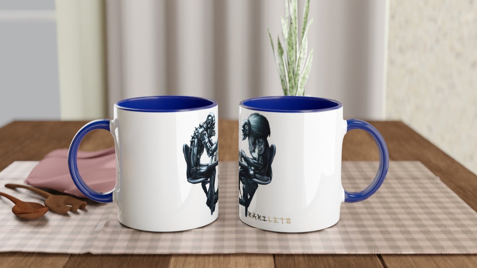 ROBOT APES PLAYING CHESS Mug with Color Inside - Rarileto