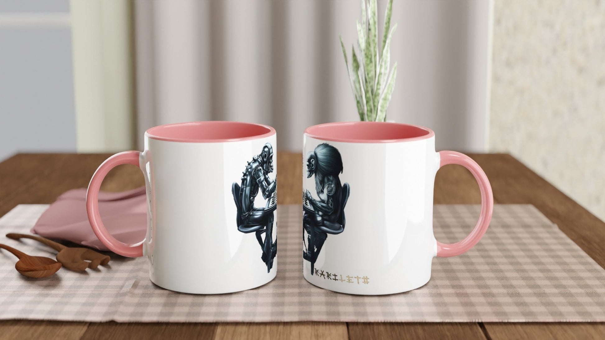 ROBOT APES PLAYING CHESS Mug with Color Inside - Rarileto