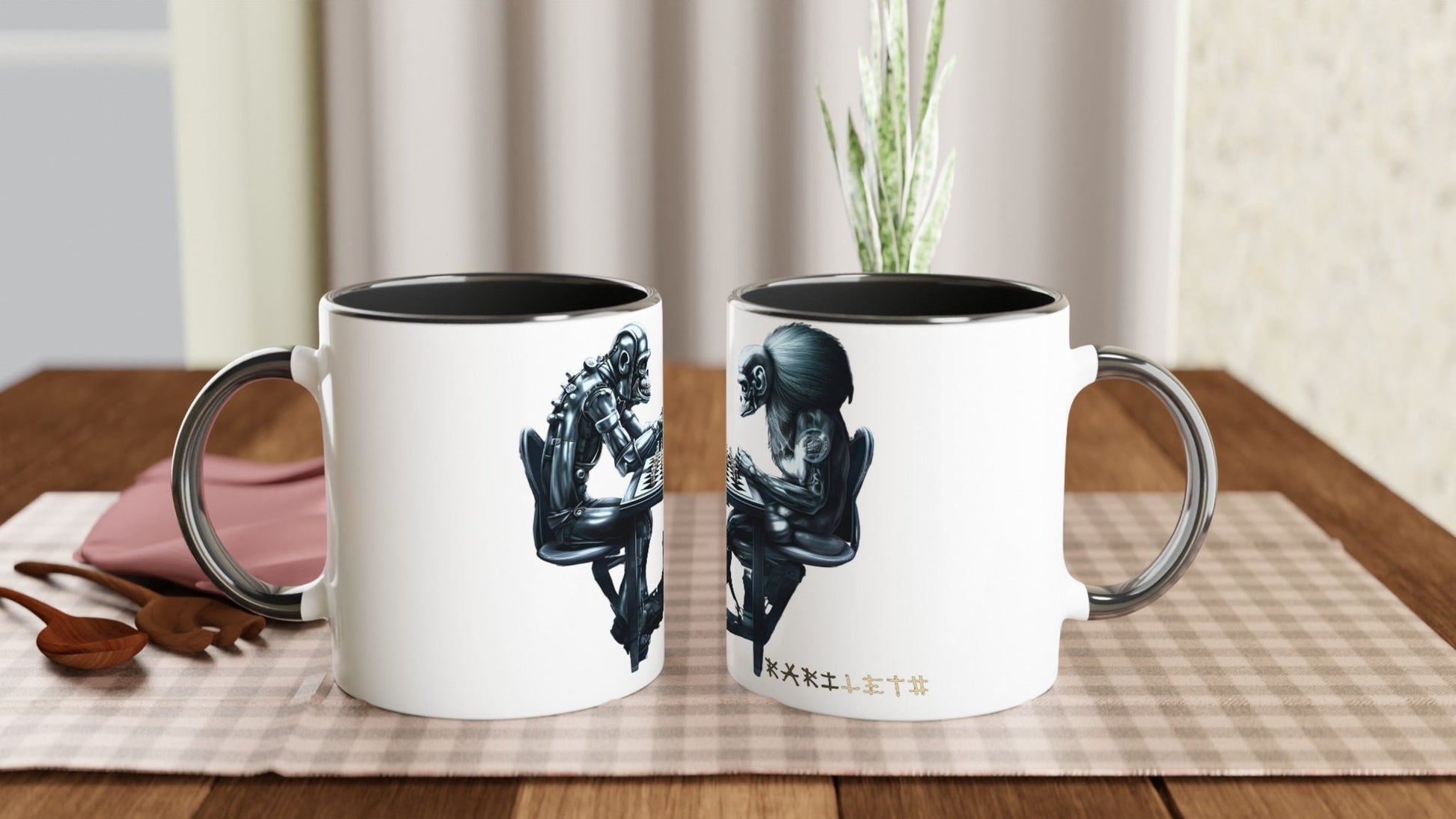 ROBOT APES PLAYING CHESS Mug with Color Inside - Rarileto