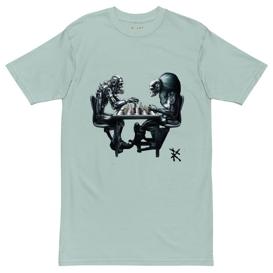 ROBOT APES PLAYING CHESS Premium Heavyweight T - Shirt - Rarileto