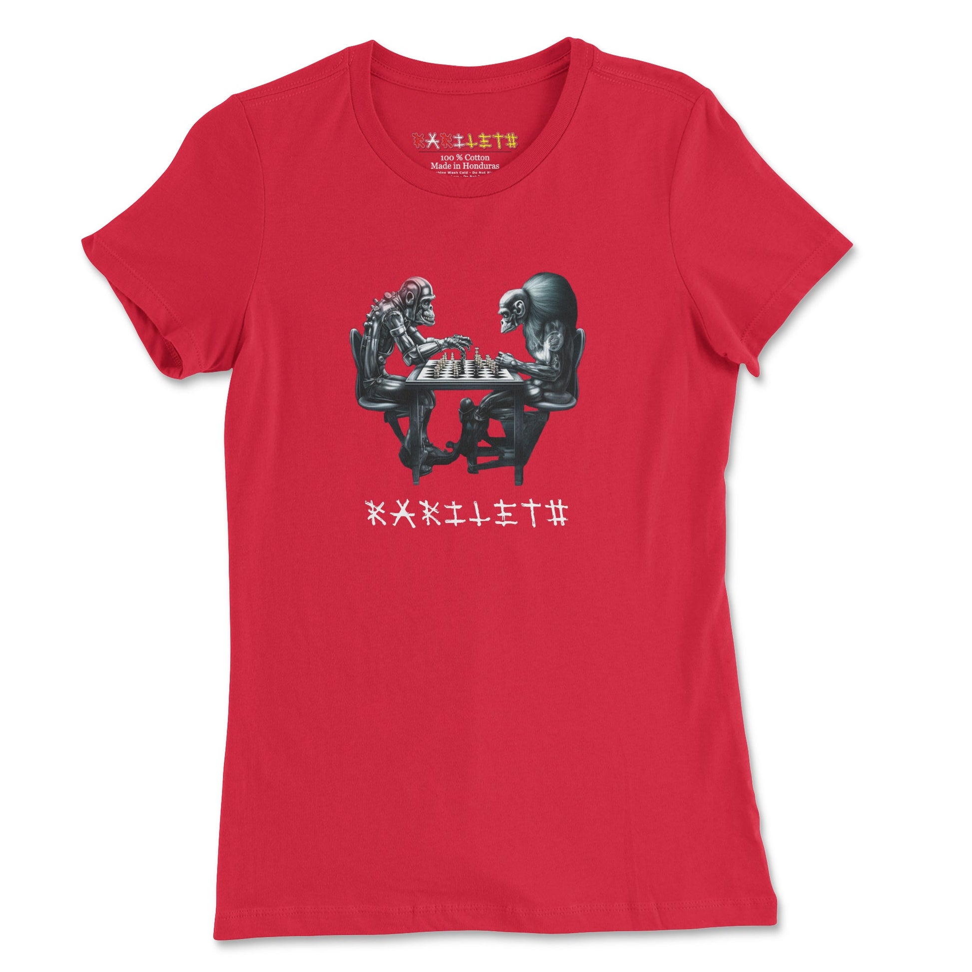 Front Red: ROBOT APES PLAYING CHESS Premium Tee in Red - Front View

