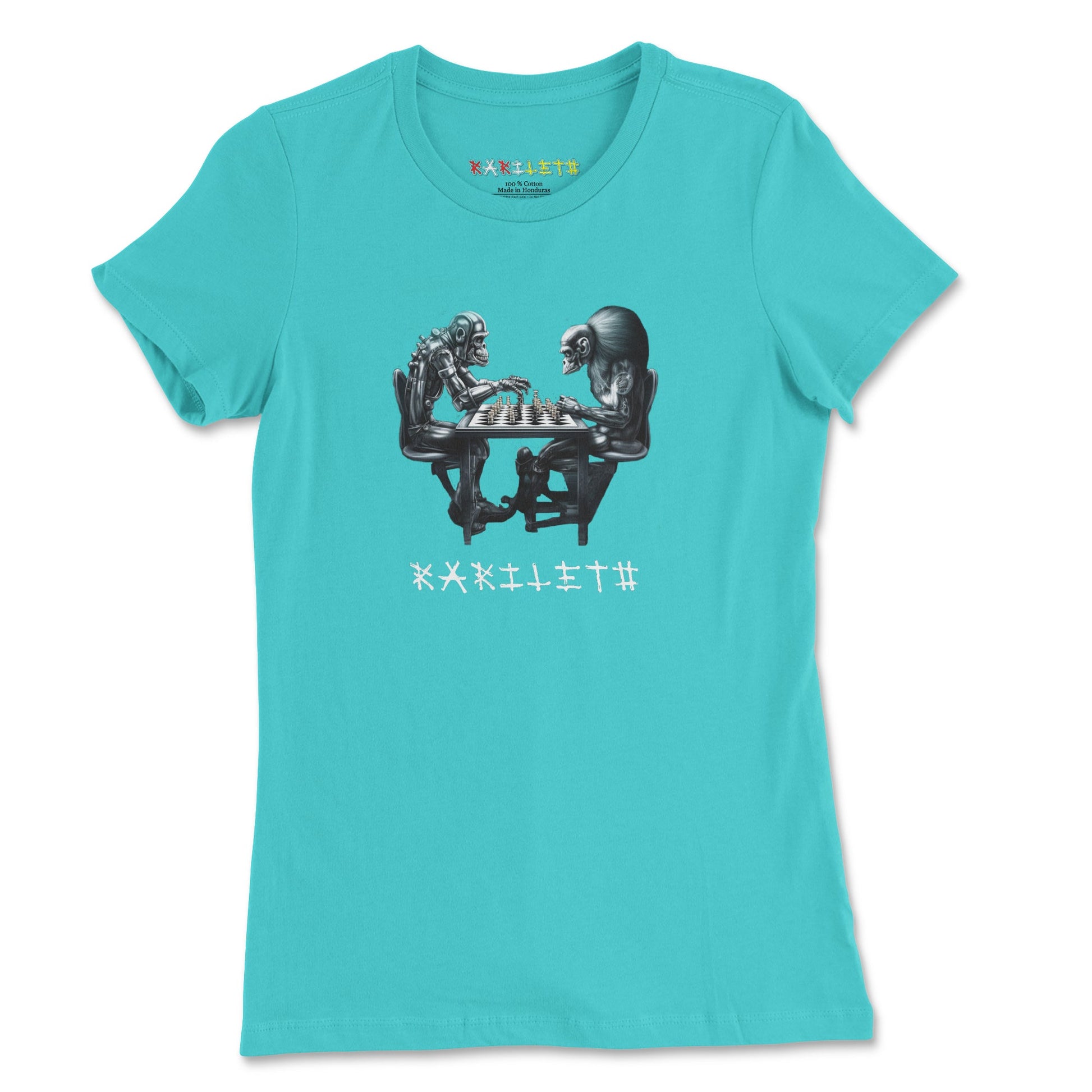 Front Teal: ROBOT APES PLAYING CHESS Premium Tee in Teal - Front View

