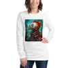 Front View on Female Model White: ROBOT CHICKEN CYBORG Long Sleeve Tee in White on Female Model
