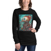 Front View on Female Model Black: ROBOT CHICKEN CYBORG Long Sleeve Tee in Black on Female Model
