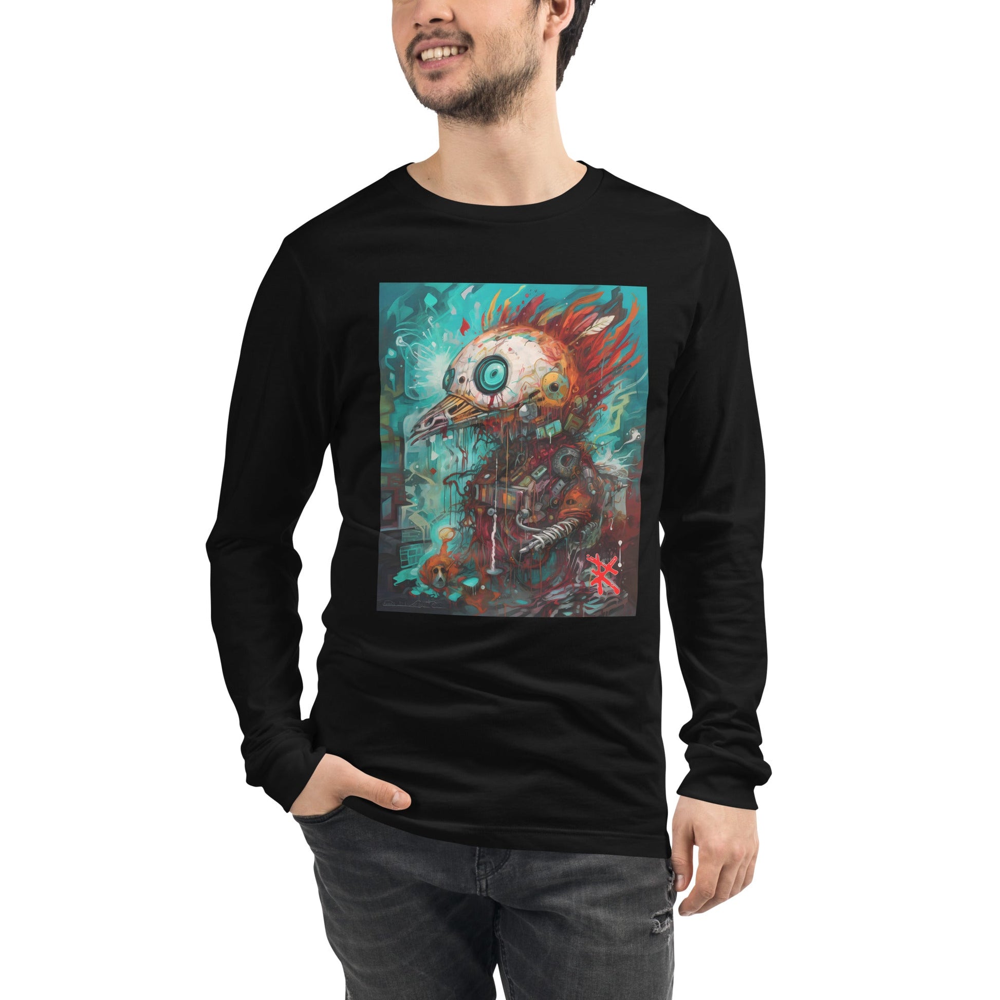 Front View on Male Model Black: ROBOT CHICKEN CYBORG Long Sleeve Tee in Black on Male Model
