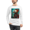 Front View on Male Model White: ROBOT CHICKEN CYBORG Long Sleeve Tee in White on Male Model
