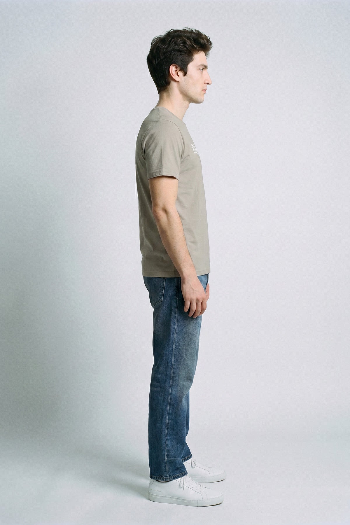 Light Grey male model side view — RARILETO Logo Classic Tee