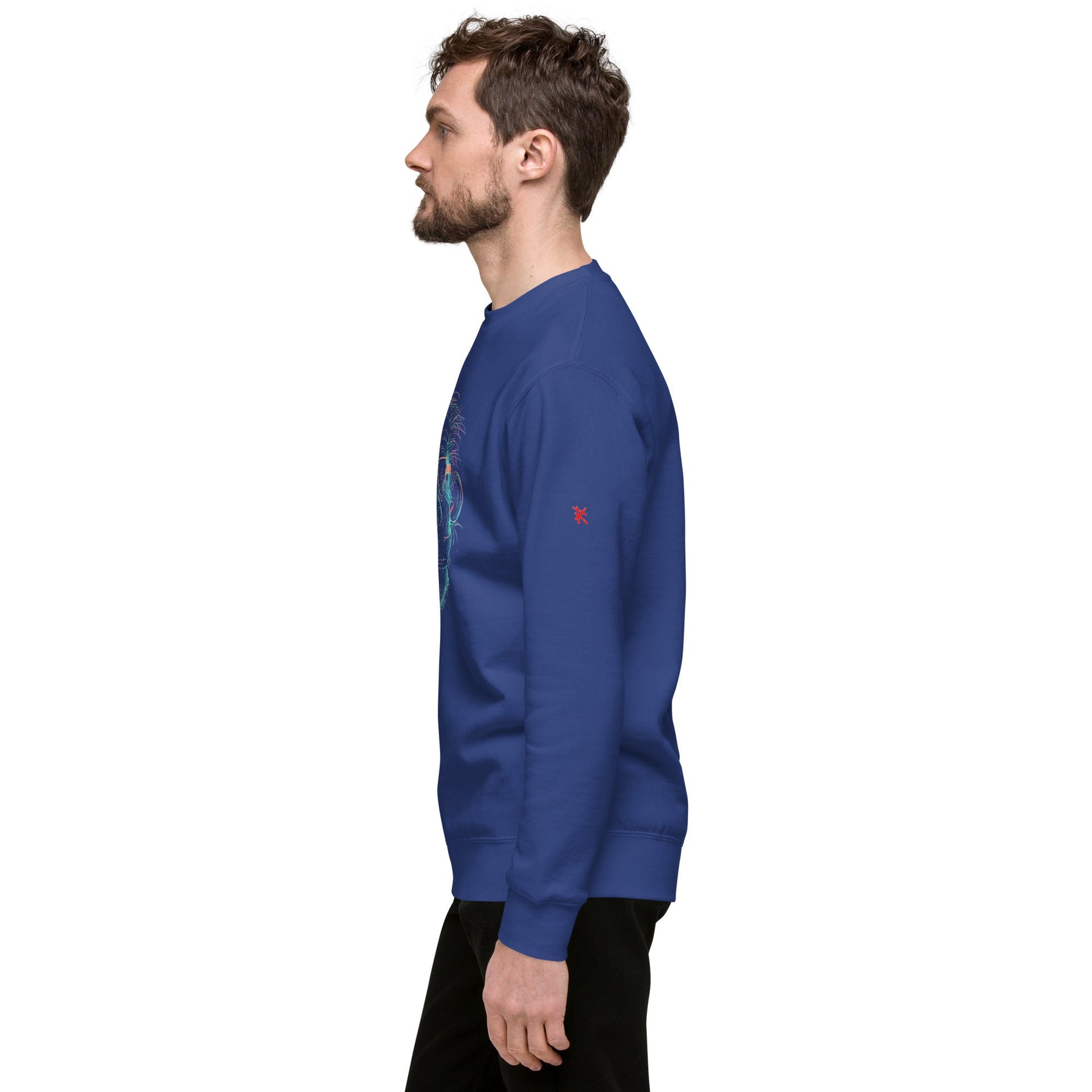 Male Model Side View: SMART APE Sweatshirt in Team Royal on Male Model