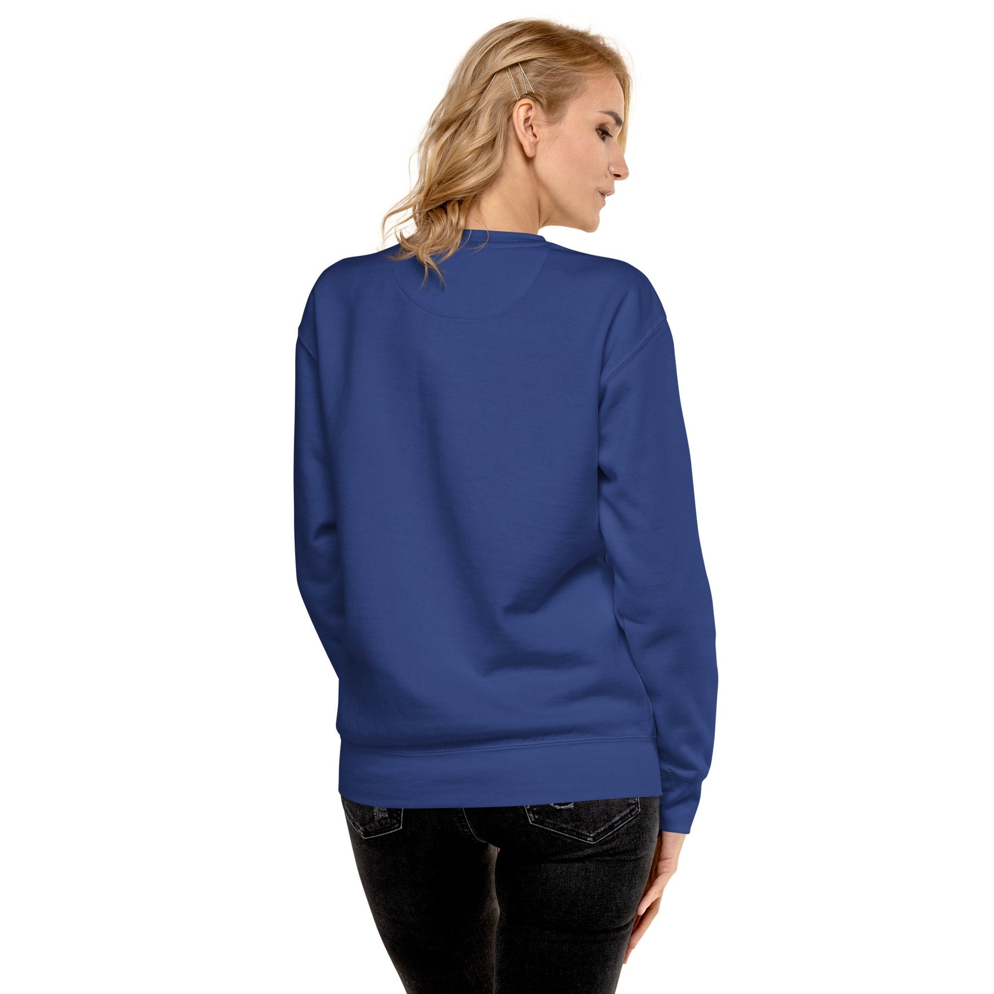 Female Model Back: SMART APE Sweatshirt in Team Royal on Female Model