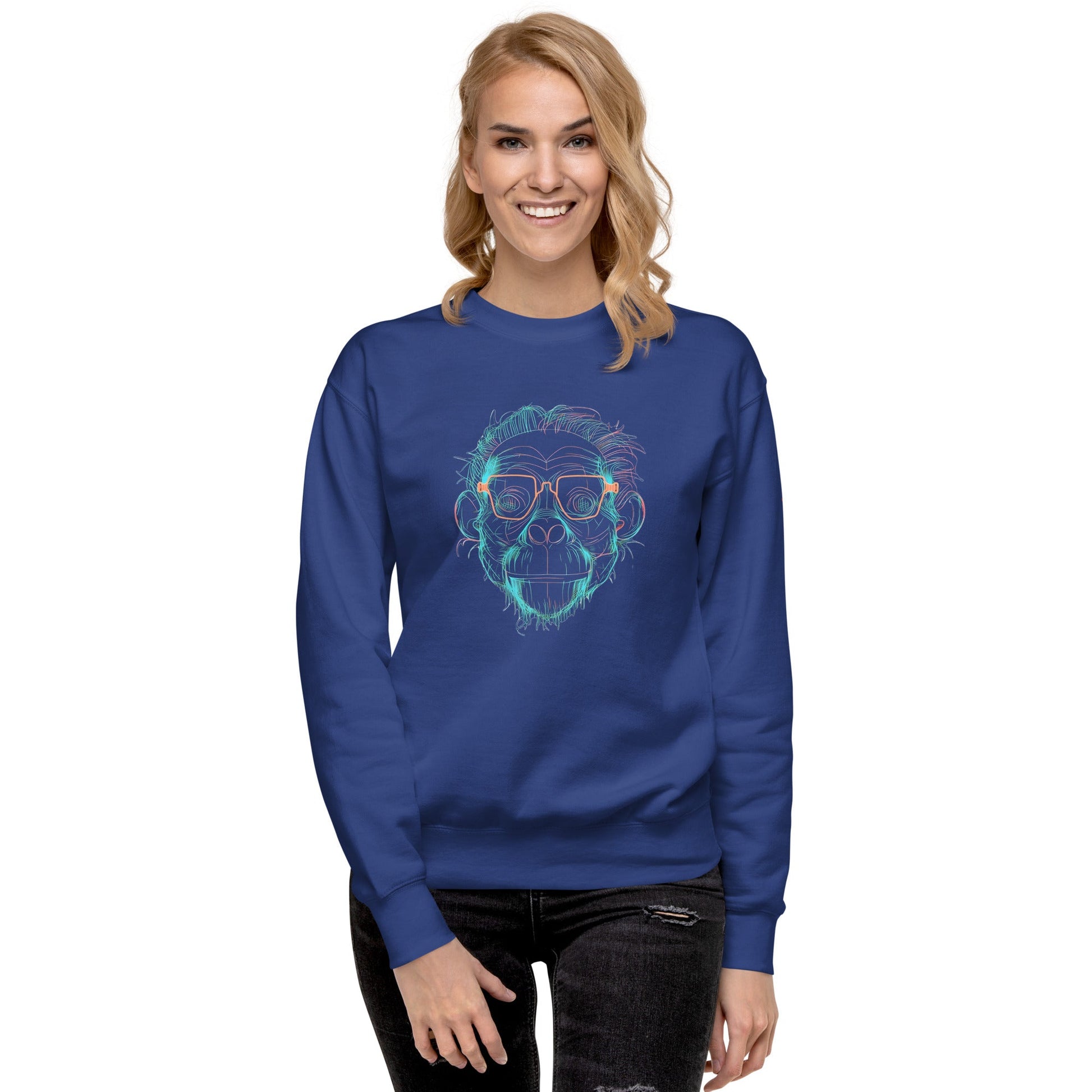 Female Model Front: SMART APE Sweatshirt in Team Royal on Female Model