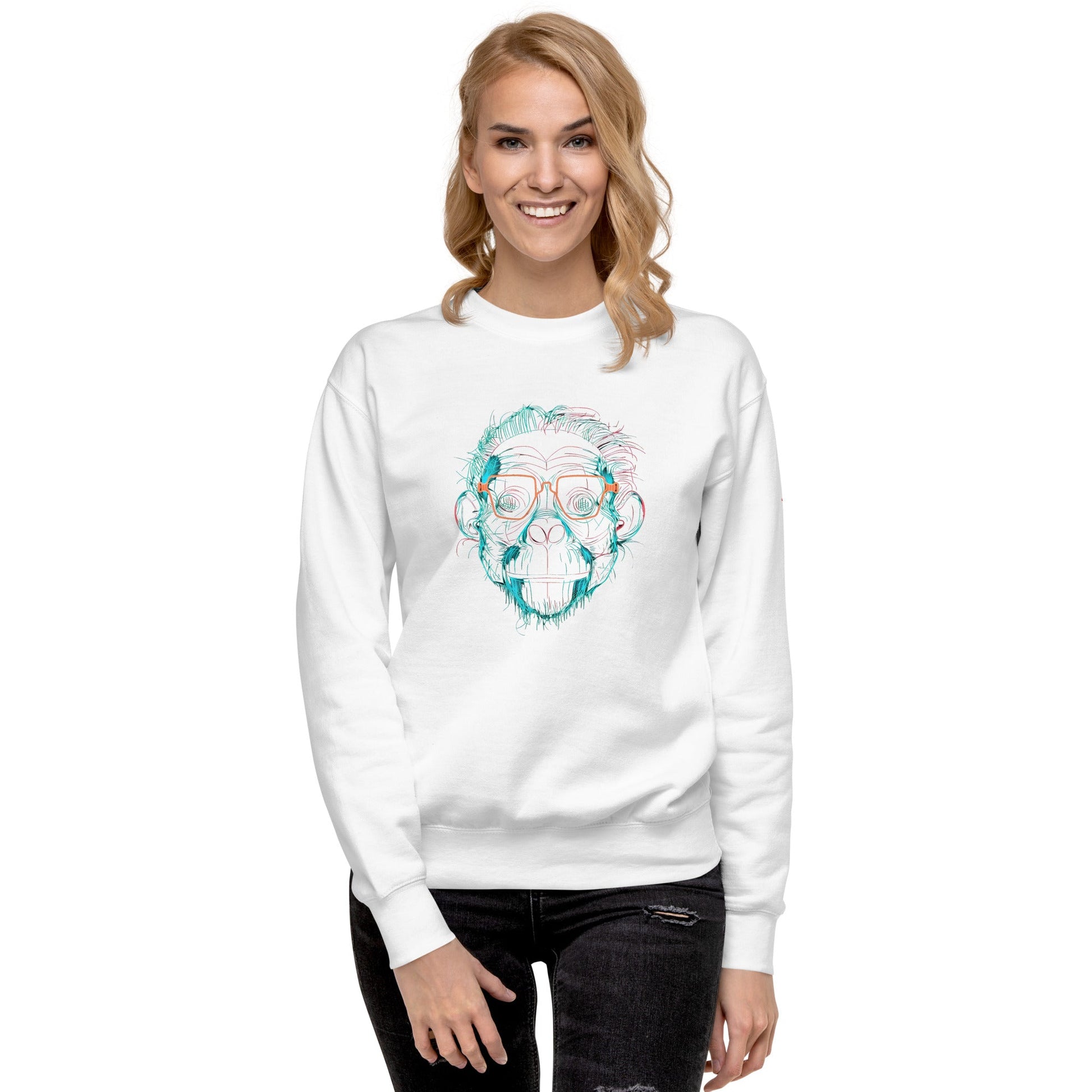 Female Model Front: SMART APE Sweatshirt in White on Female Model