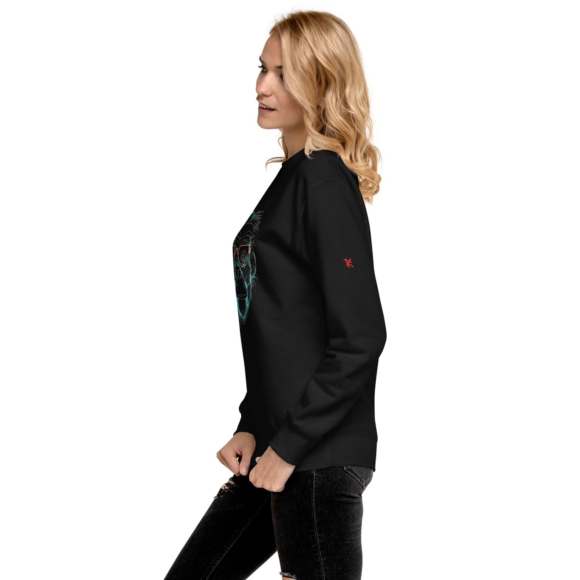 Female Model Side View: SMART APE Sweatshirt in Black on Female Model