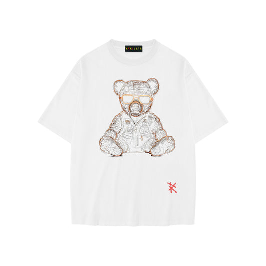 THE BEAR Unisex Drop Shoulder Stone Wash T-Shirt - Rarileto - White - Front View