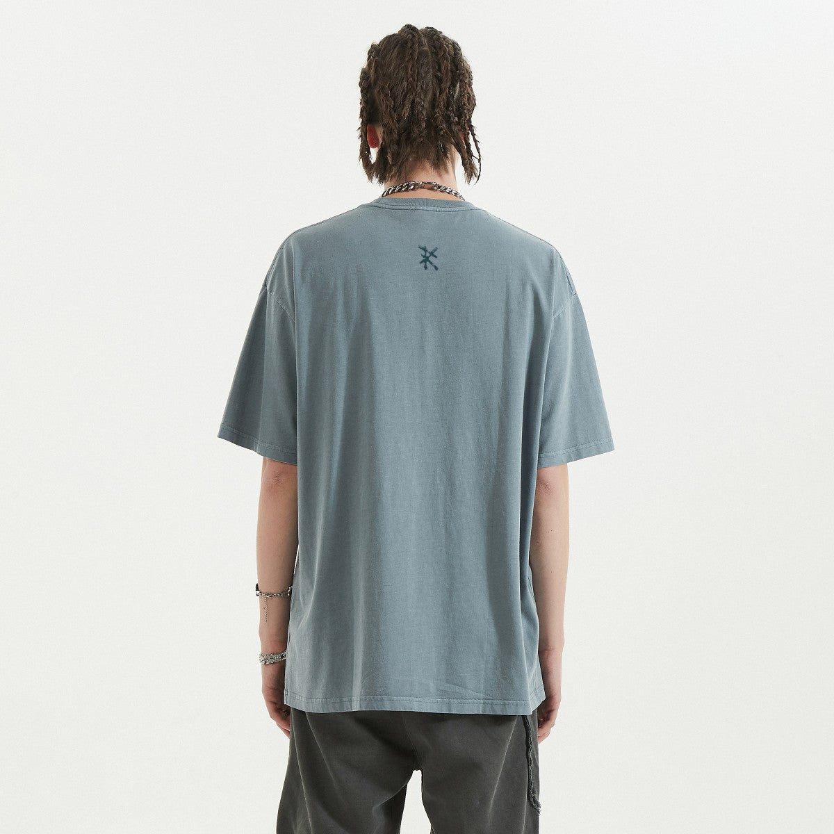 THE PRIME Unisex Washed T-Shirt in Dusty Blue - Rarileto - Back View on Model