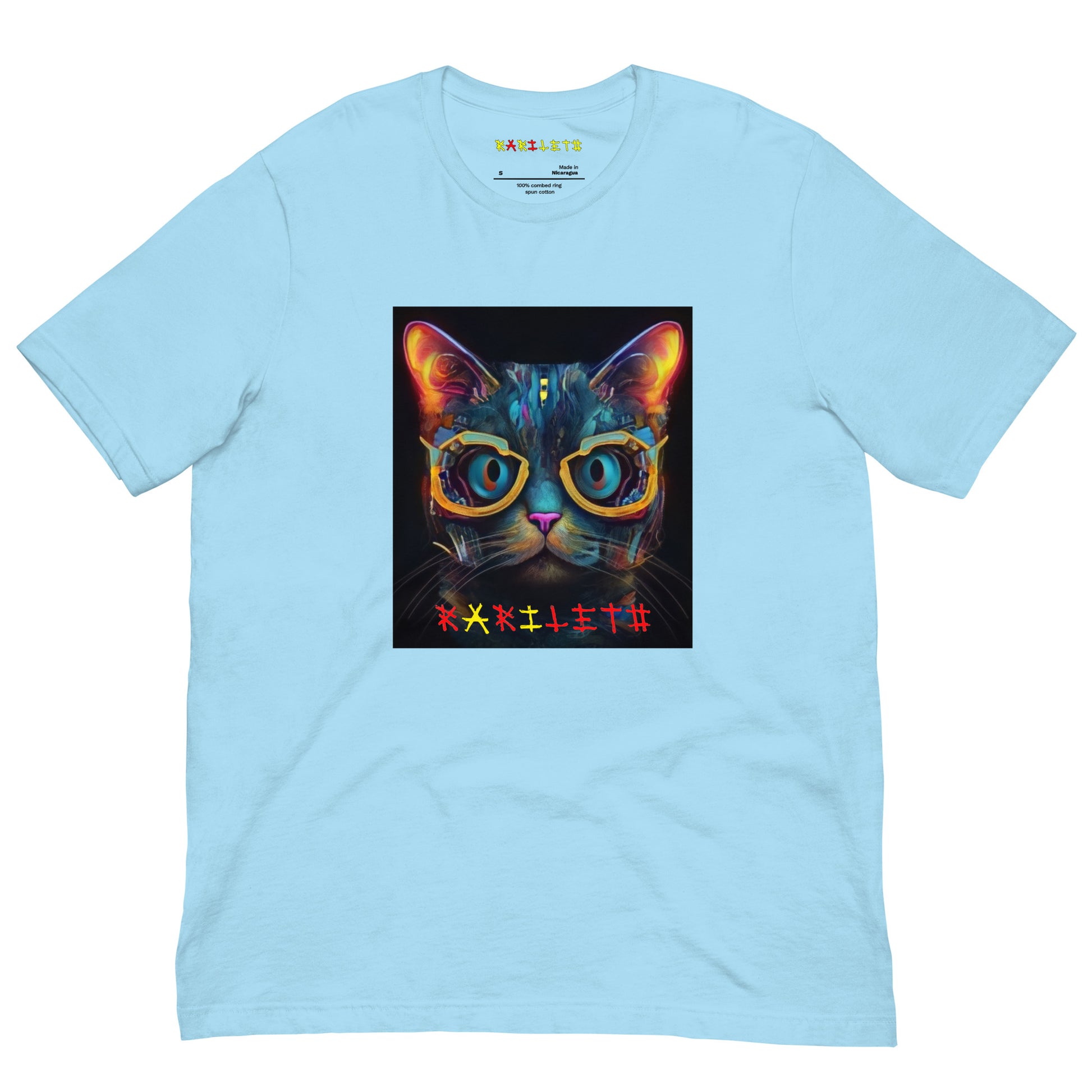 Baby Blue Front View of GLOWING CAT Premium Crewneck T-Shirt