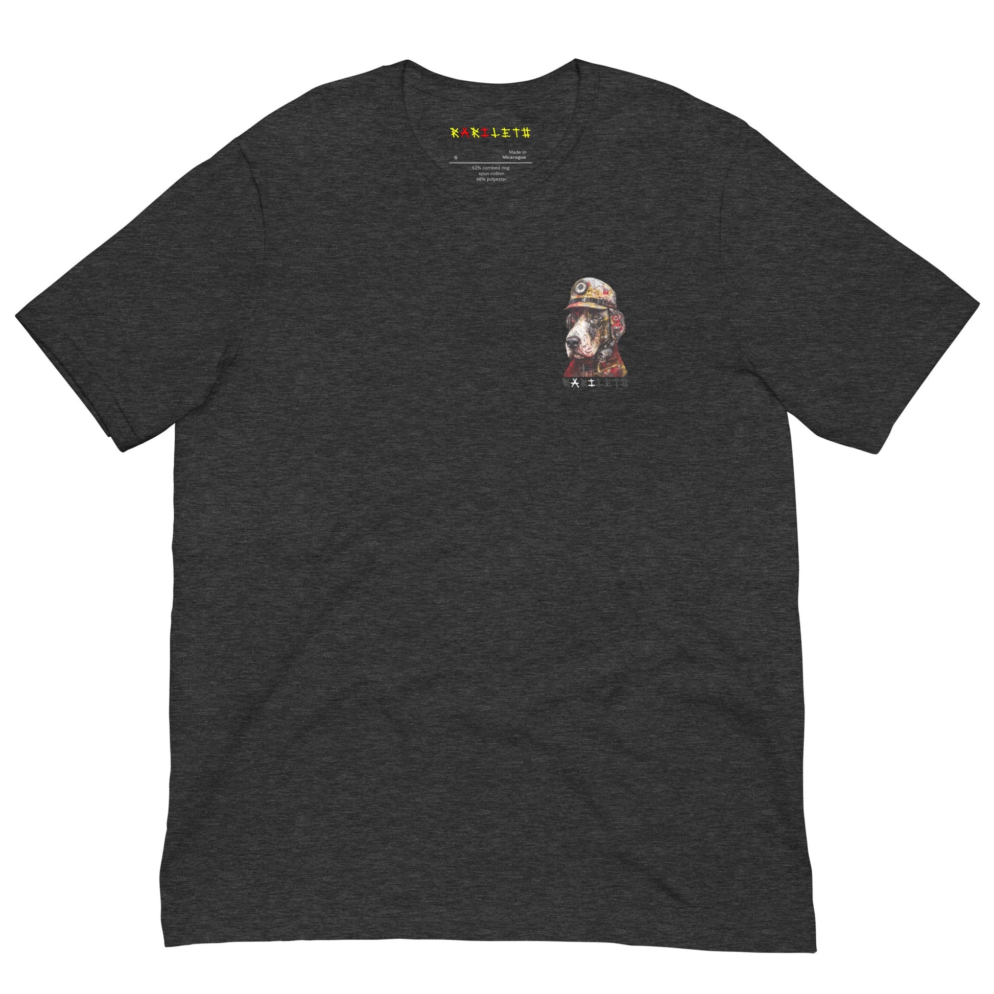 Front Dark Gray Heather: VINTAGE FIRE DOG Premium Crewneck T-Shirt in Dark Gray Heather