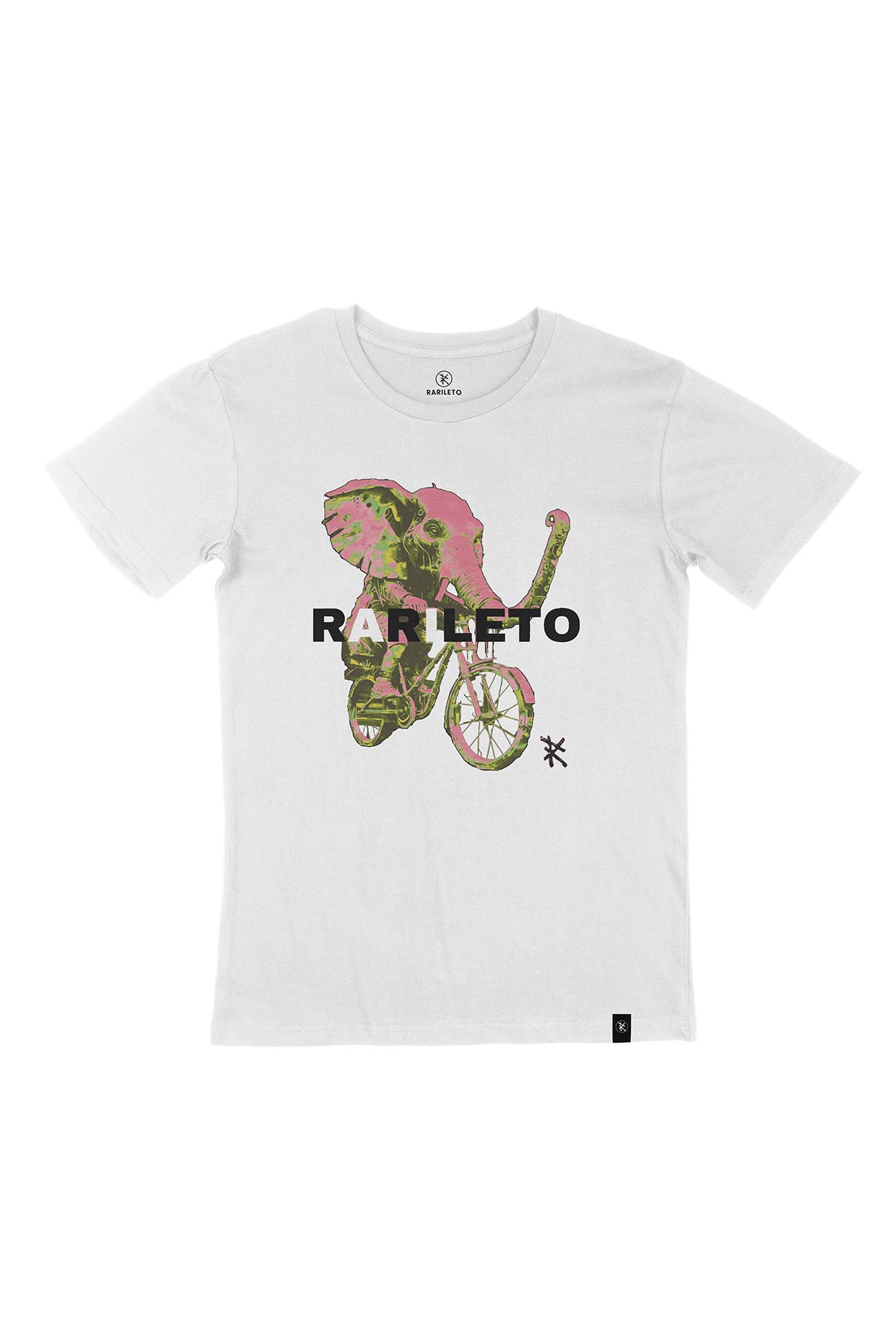 White graphic tee front flat lay — RARILETO Elephant Classic Tee