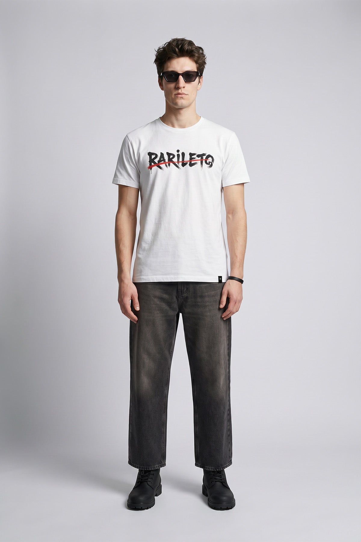 White male model wearing front view — RARILETO Brushed Stroke Logo Classic Tee